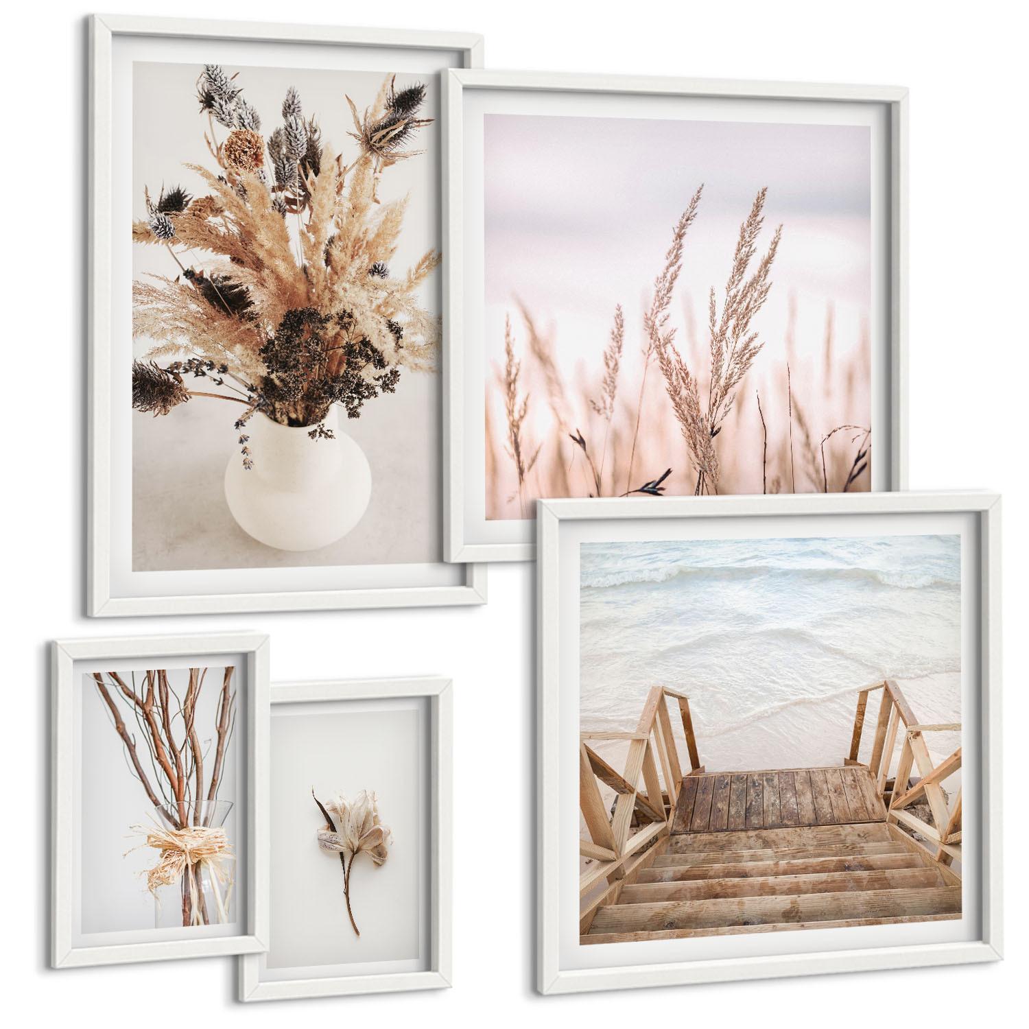 BILDER SET 5er Set - 50x50 cm & 20x30 cm & 40x60 cm Weißer Rahmen - Blumenzweige Minimalismus Natur - Weiß, Kunststoff (40/60cm) - TULUP