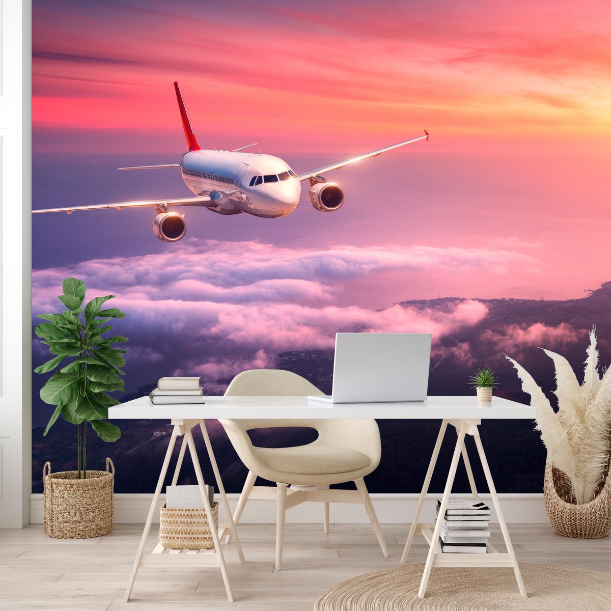 FOTOTAPETE für Wohnzimmer Flugzeug Sonnenuntergang Wolken Himmel 150x105 - Gelb/Rot, Papier (150/105cm) - Muralo