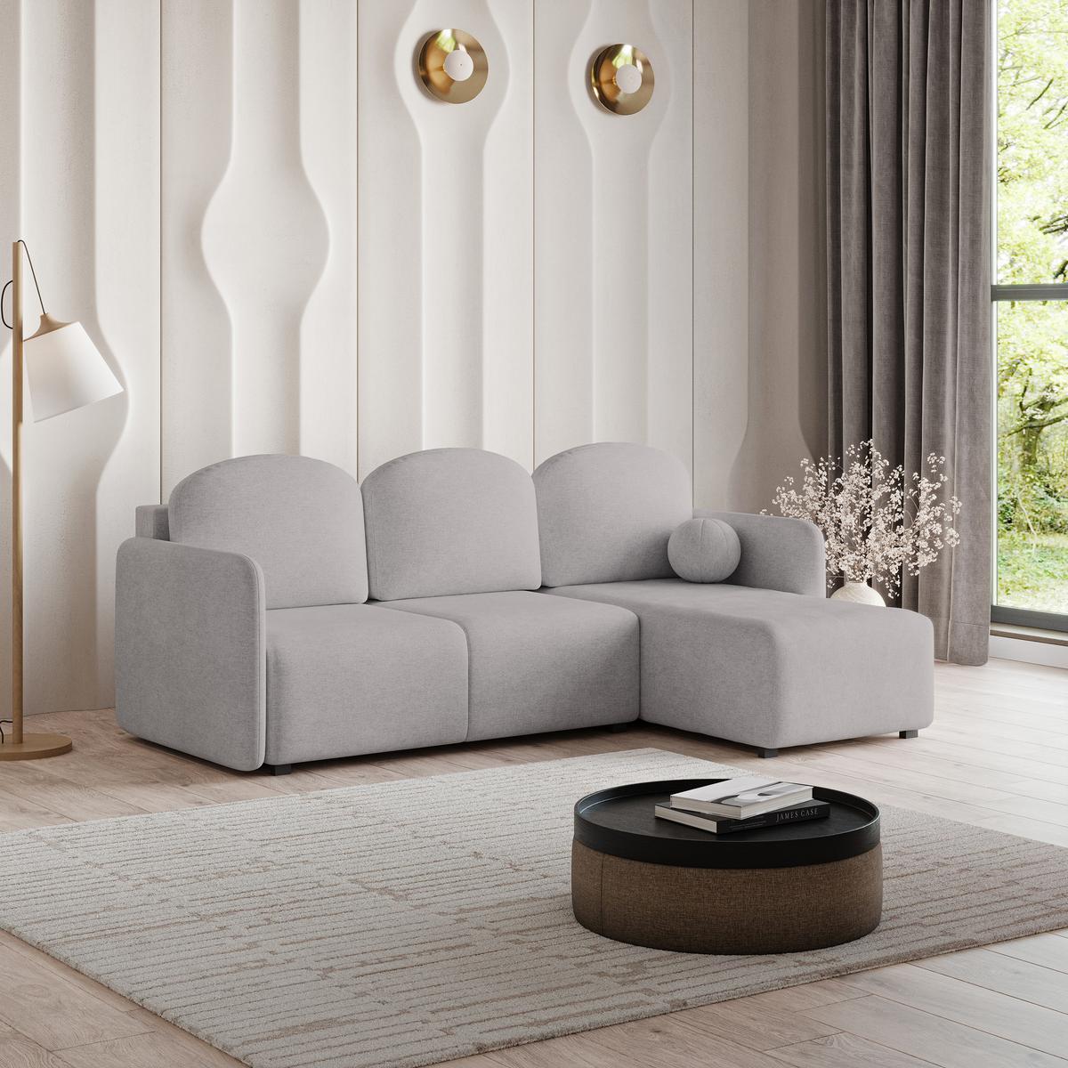 ECKSOFA SUVINO Hellgrau Geflochtener Stoff mit Schlaffunktion - Hellgrau, Holz (230/143cm) - MASSENO