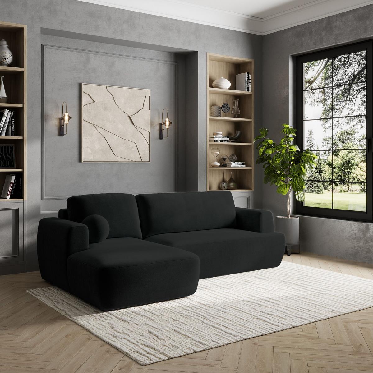 ECKSOFA SENTI K L-S Schwarz Plüsch-Stoff mit Schlaffunktion - Schwarz, Holz/Kunststoff (246/148cm) - MASSENO