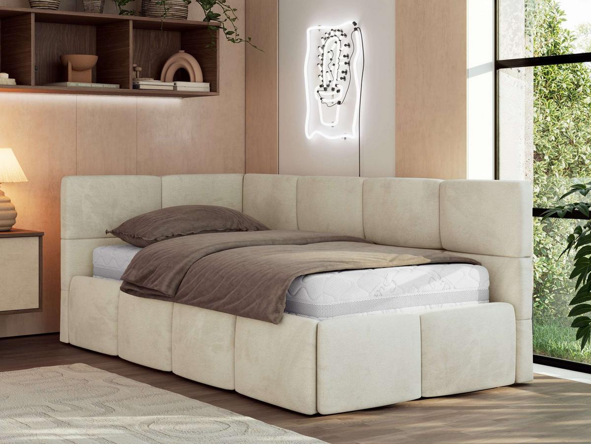 JUGENDBETT ARVO 90/200 - Beige Velvet - Foam-Matratze - Links Seite - Beige, Textil (90/200cm) - MKS