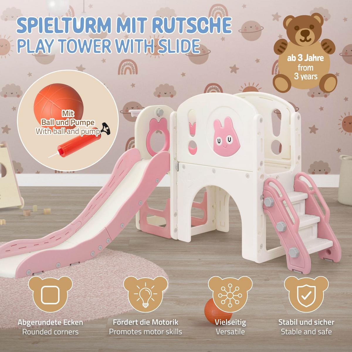 KINDERRUTSCHE mit Spielturm und Basketballkorb Rosa aus Kunststoff - Pink, Kunststoff (134.5/94.5/162cm) - Joyz
