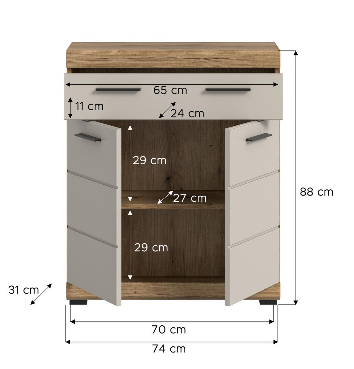 BADKOMMODE Sand Kashmir, Eiche, Badschrank 74 x 88 cm 2-türig mit Vollauszug - Kaschmir/Eichefarben, Holzwerkstoff/Kunststoff (74/88/31cm) - Inn.Furn