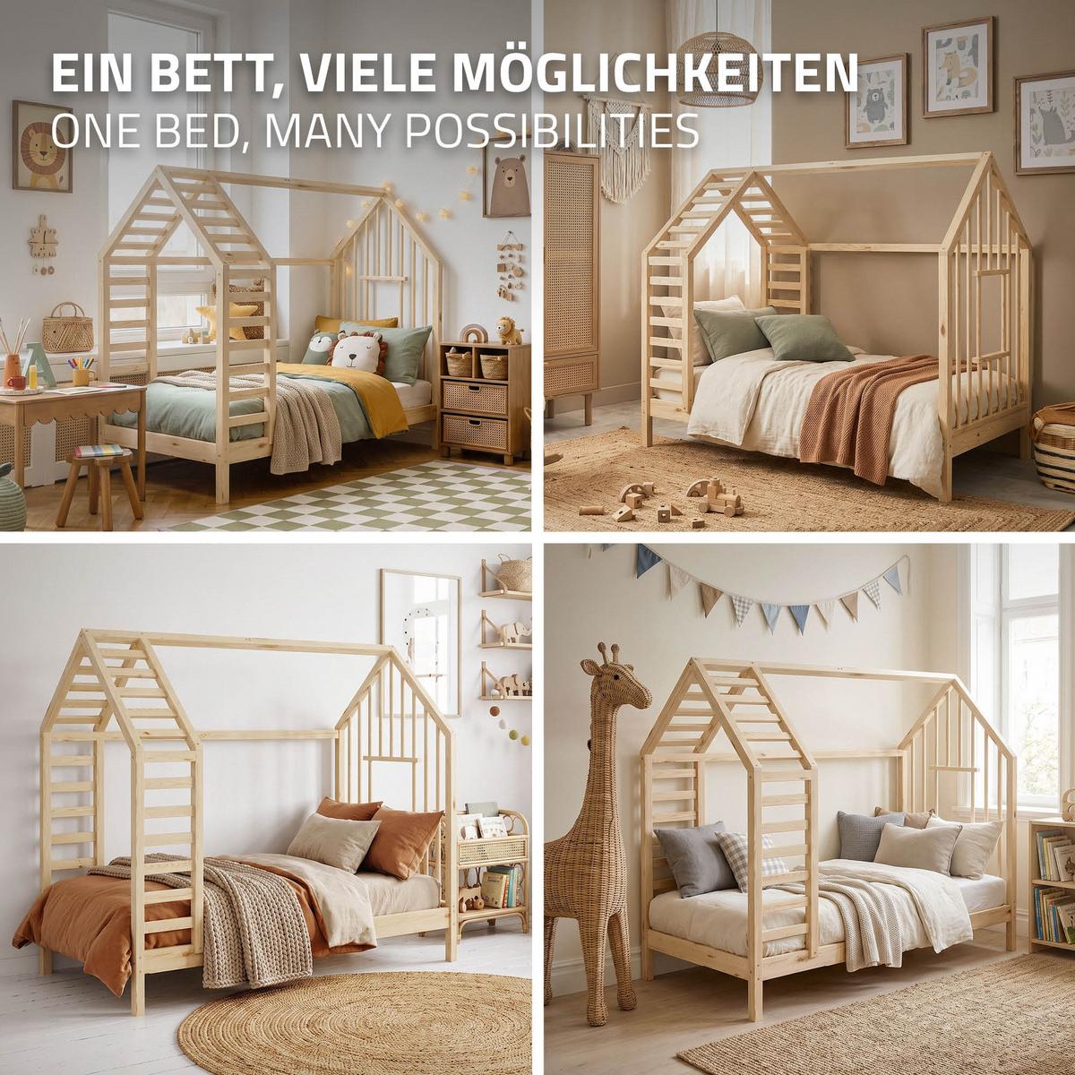KINDERBETT 80x160 cm mit Lattenrost Dach und Fenster Hausbett aus massivem Kiefernholz Natur - Naturfarben, Holz (80/160cm) - ML-DESIGN