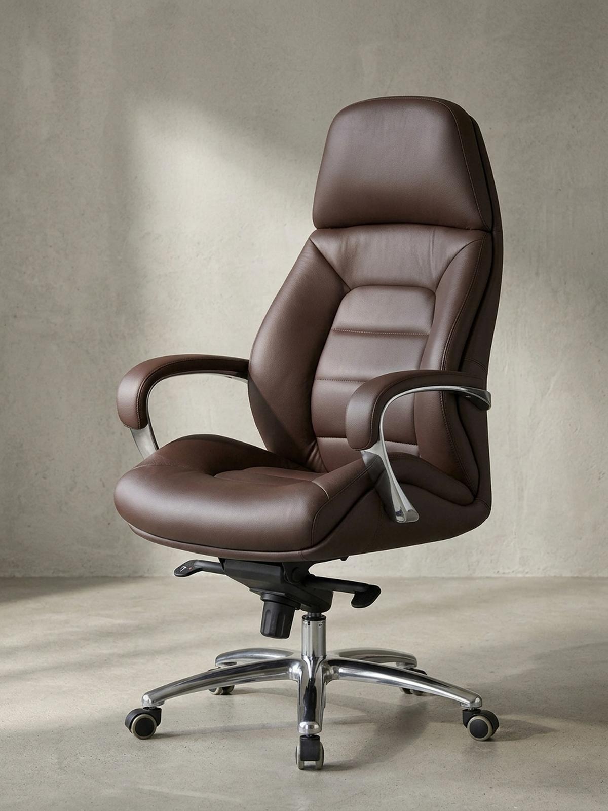 BÜROSTUHL Echtleder bis 120 kg mit Wippmechanik, Armlehnen und hoher Rückenlehne, Braun 67x67x137 cm - Silberfarben/Braun, Leder/Metall (67/137/67cm) - KADIMA DESIGN