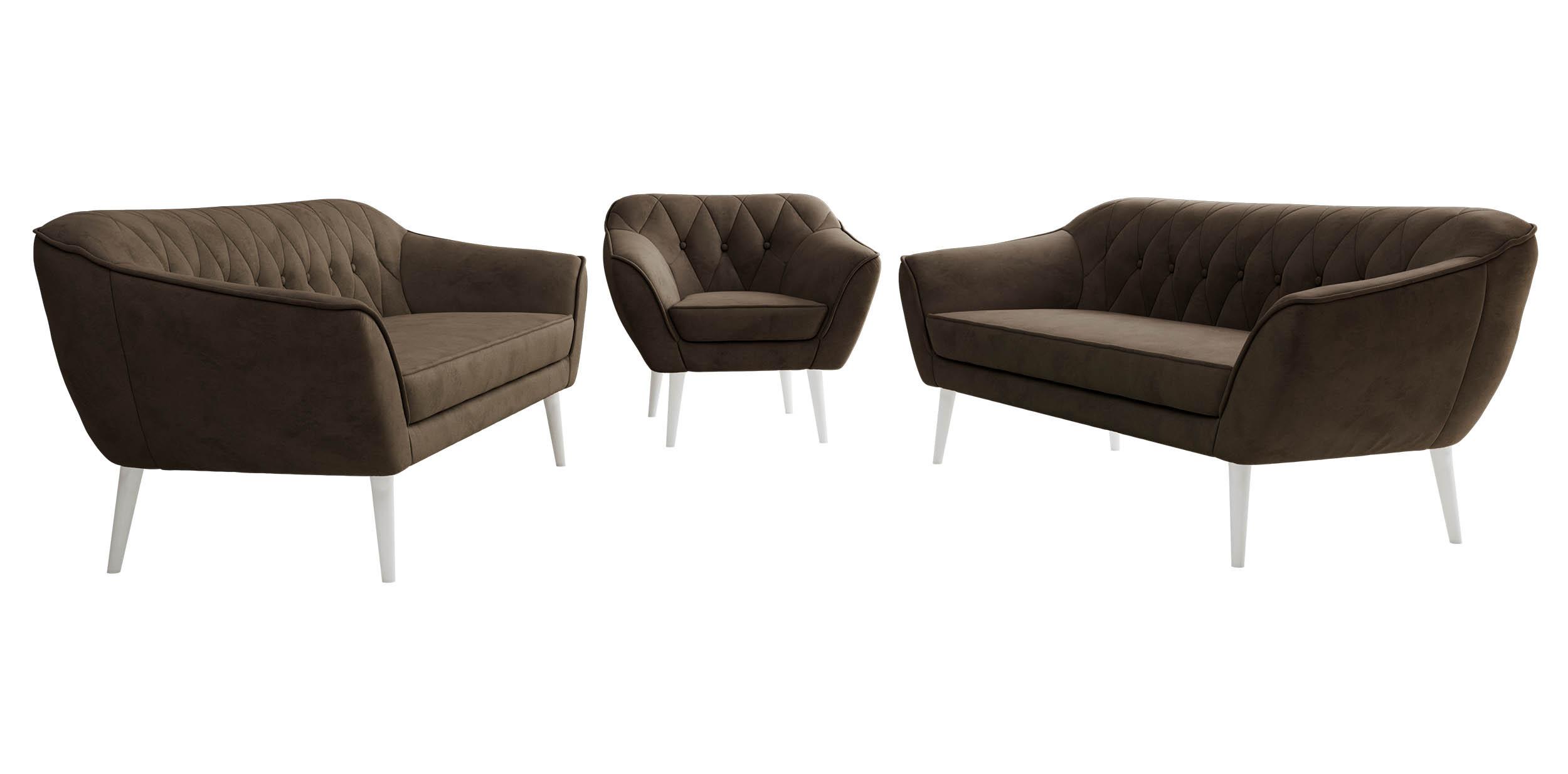 SITZGARNITUR PIRS 3+3+1 - Braun Velvet - Weiße Beine - Dunkelbraun/Braun, Holzwerkstoff/Textil (180/75/74cm) - MKS