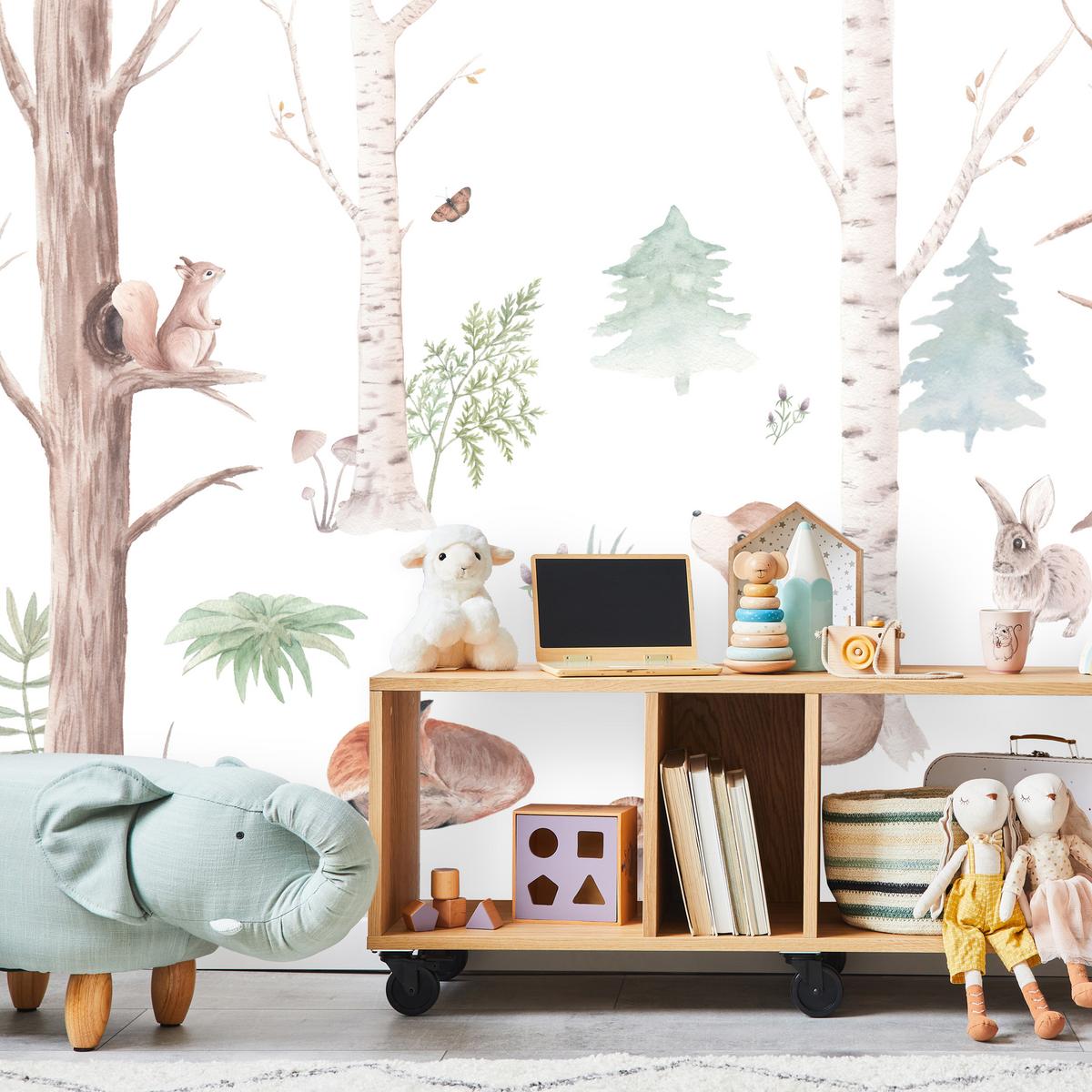 FOTOTAPETE für Kinderzimmer Wilde Waldtiere Aquarell Bäume 350x256 - Orange/Braun, Papier (350/256cm) - Muralo
