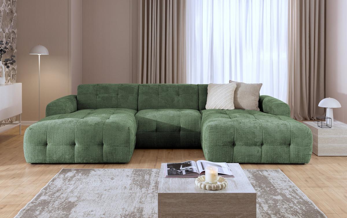 WOHNLANDSCHAFT in U-Form mit raffinierten Steppungen, 6-Sitzer, Wellenunterfederung, B323/T161/H79 cm, Chenille-Bezug in Grün / 21049 - Schwarz/Grün, Kunststoff/Textil (323/79/161cm) - luma-home