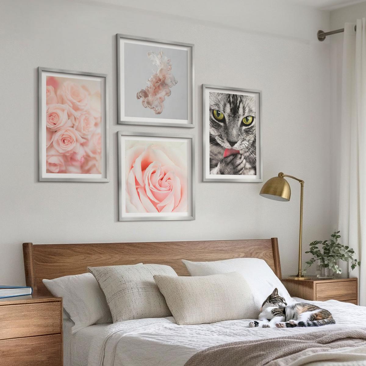 BILDER SET 4er Set - 50x50 cm & 40x60 cm Silberner Rahmen - Abstrakte Darstellung von grauen Katzenrosen - Silberfarben, Kunststoff (50/50cm) - TULUP