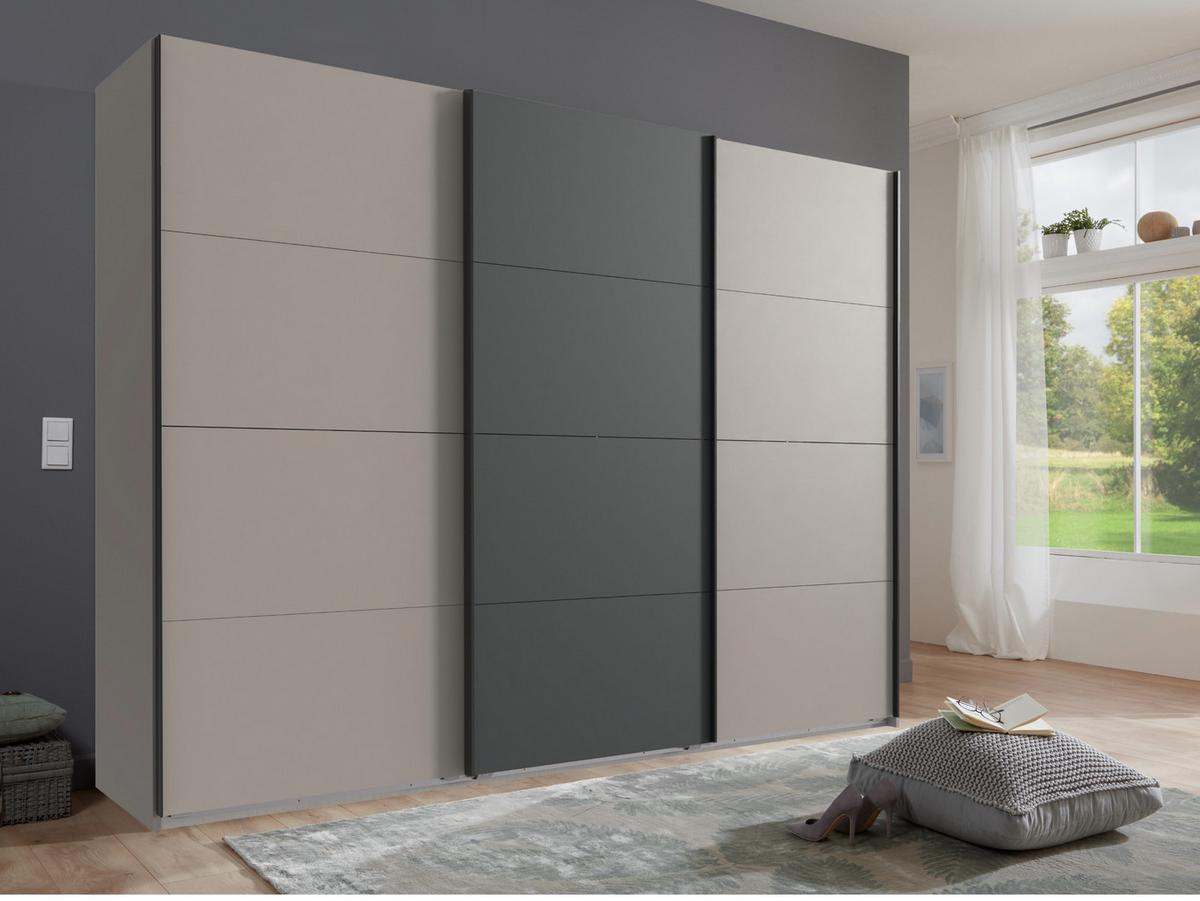 SCHWEBETÜRENSCHRANK 3-türig B270/H210/T65 cm, Kleiderschrank in Sandgrau mit Absetzungen in Anthrazit / 22008 - Sandfarben/Anthrazit, Holzwerkstoff/Metall (270/208/65cm) - luma-home