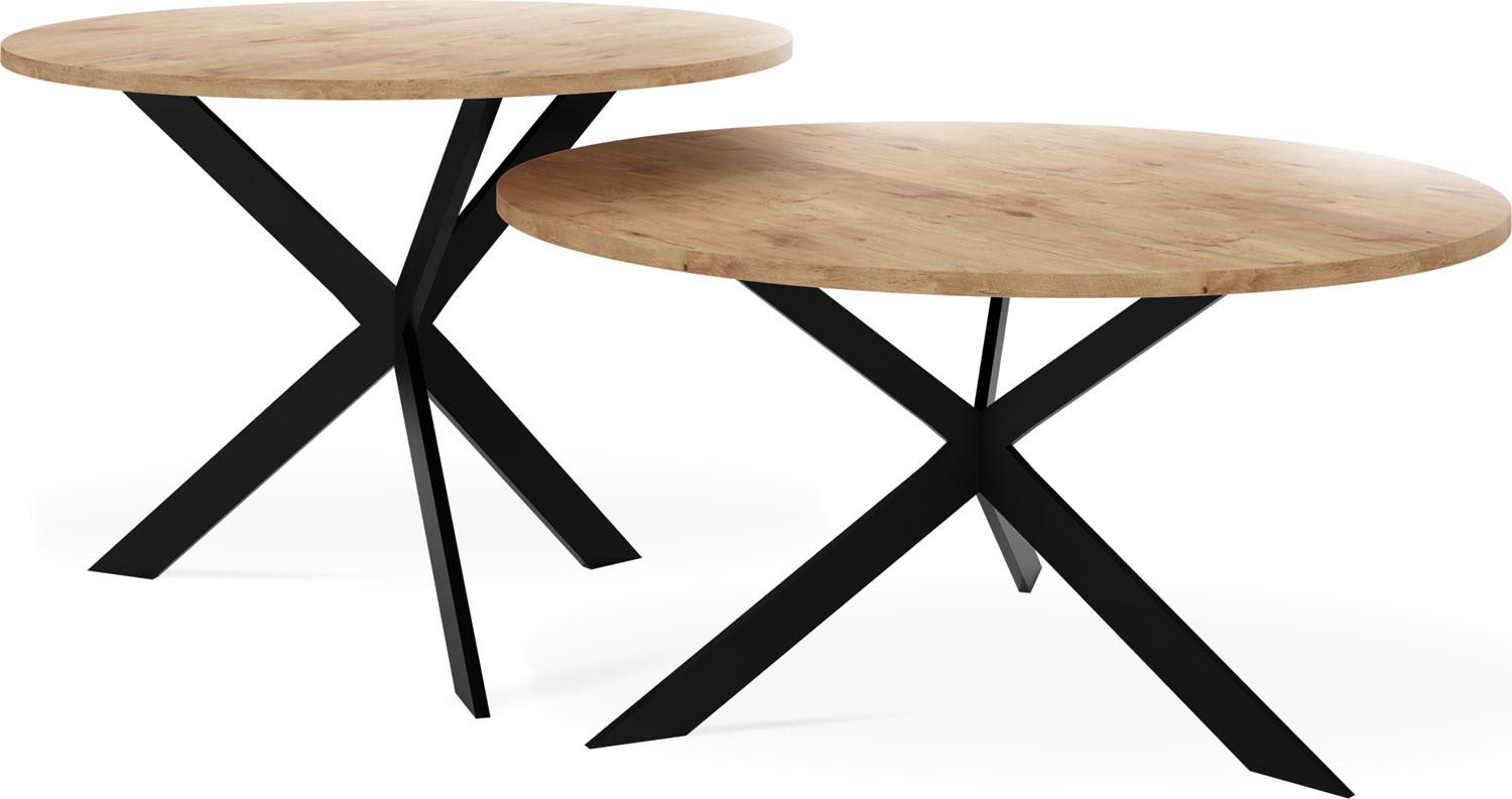 COUCHTISCH-SET Lev 2er-Set rund, Lancelot Eiche 75/36, 58/42 - Eichefarben/Schwarz, Holzwerkstoff/Metall (75/75/42cm) - WFL GROUP