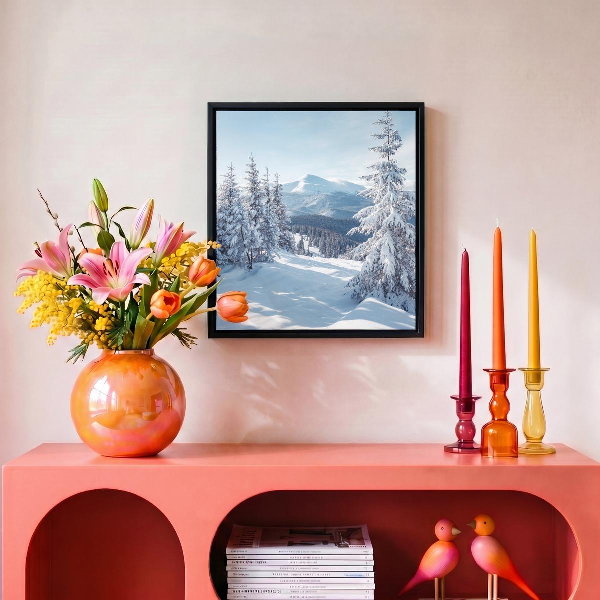 LEINWAND Bilder mit Rahmen - Winterlandschaft - Natur - Berge - Bäume - Schnee - 20x20 - Hellblau, Textil (20/20cm) - MuchoWow