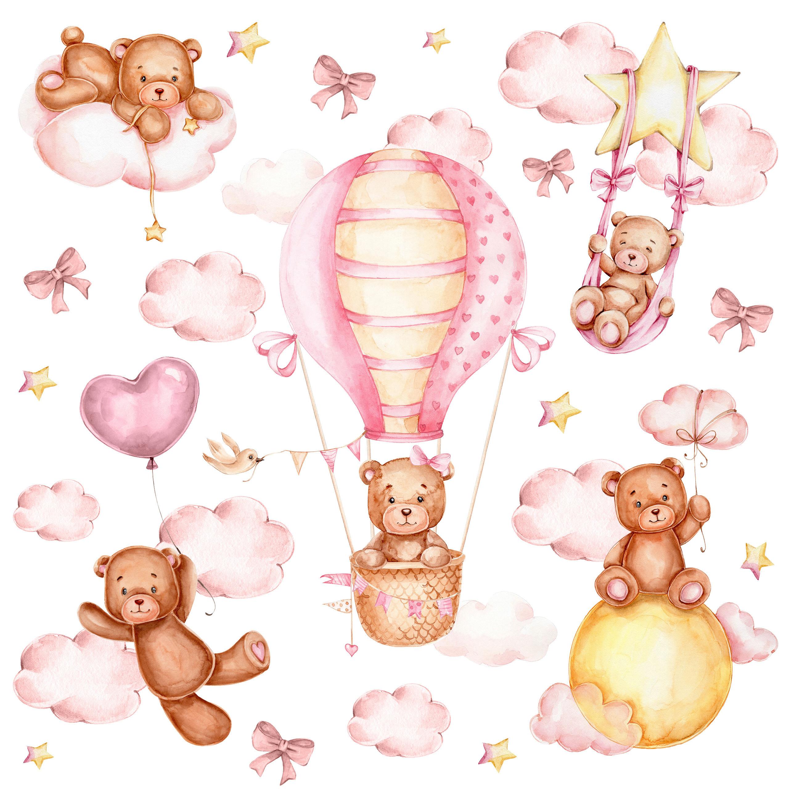 WANDSTICKER Teddybären rosa Wolken Sterne Ballons 120x60 - Gelb/Beige, Papier (120/60/1cm) - Muralo