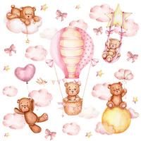 WANDSTICKER Teddybären rosa Wolken Sterne Ballons 120x60 - Gelb/Beige, Papier (120/60/1cm) - Muralo