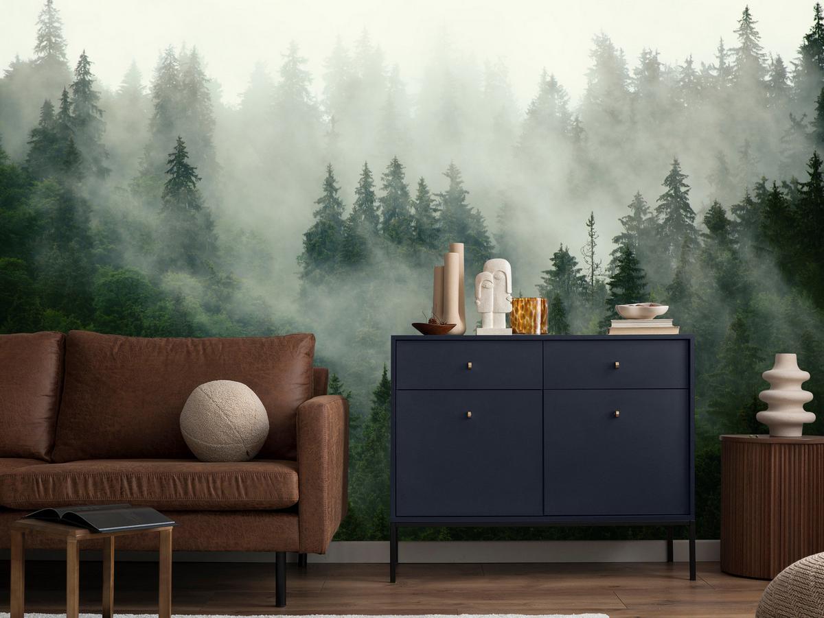 FOTOTAPETE Wald im Nebel Natur Landschaft 3D 200x140 - Grau/Grün, Papier (200/140cm) - Muralo