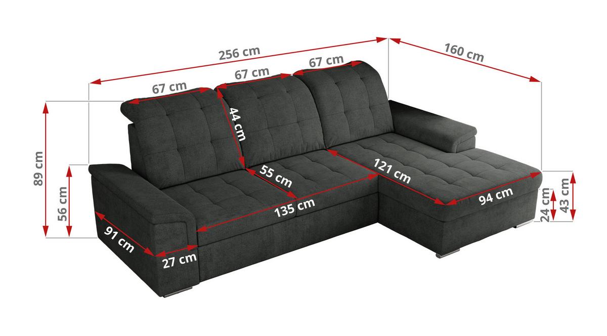 ECKSOFA MADRITO L - Dunkelgrau Struktur - Links - Dunkelgrau/Silberfarben, Textil/Metall (160/256cm)