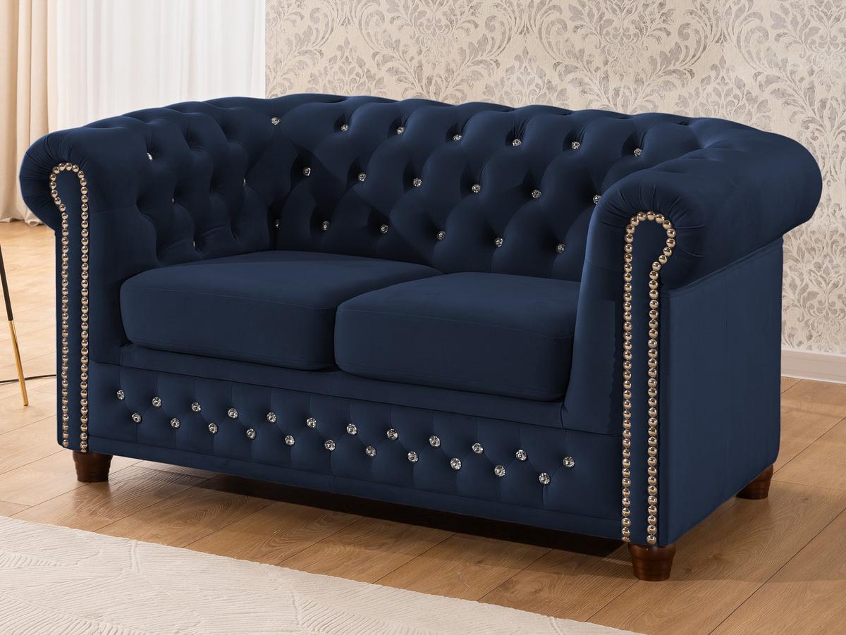 CHESTERFIELD-SOFA 2-sitzer Cleo Blink Marineblau Samt mit Kristallsteppung und braunen Massivholzfüßen - Blau/Braun, Holz/Textil (148/72/86cm) - S-Style Möbel