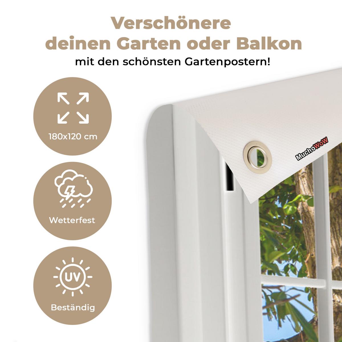 GARTENPOSTER Aussicht - Baum - Meer - Palme - Hügel - Strand - Blau Poster für draußen 180x120 cm - Weiß, Kunststoff (180/120/0.2cm) - OnlyWow