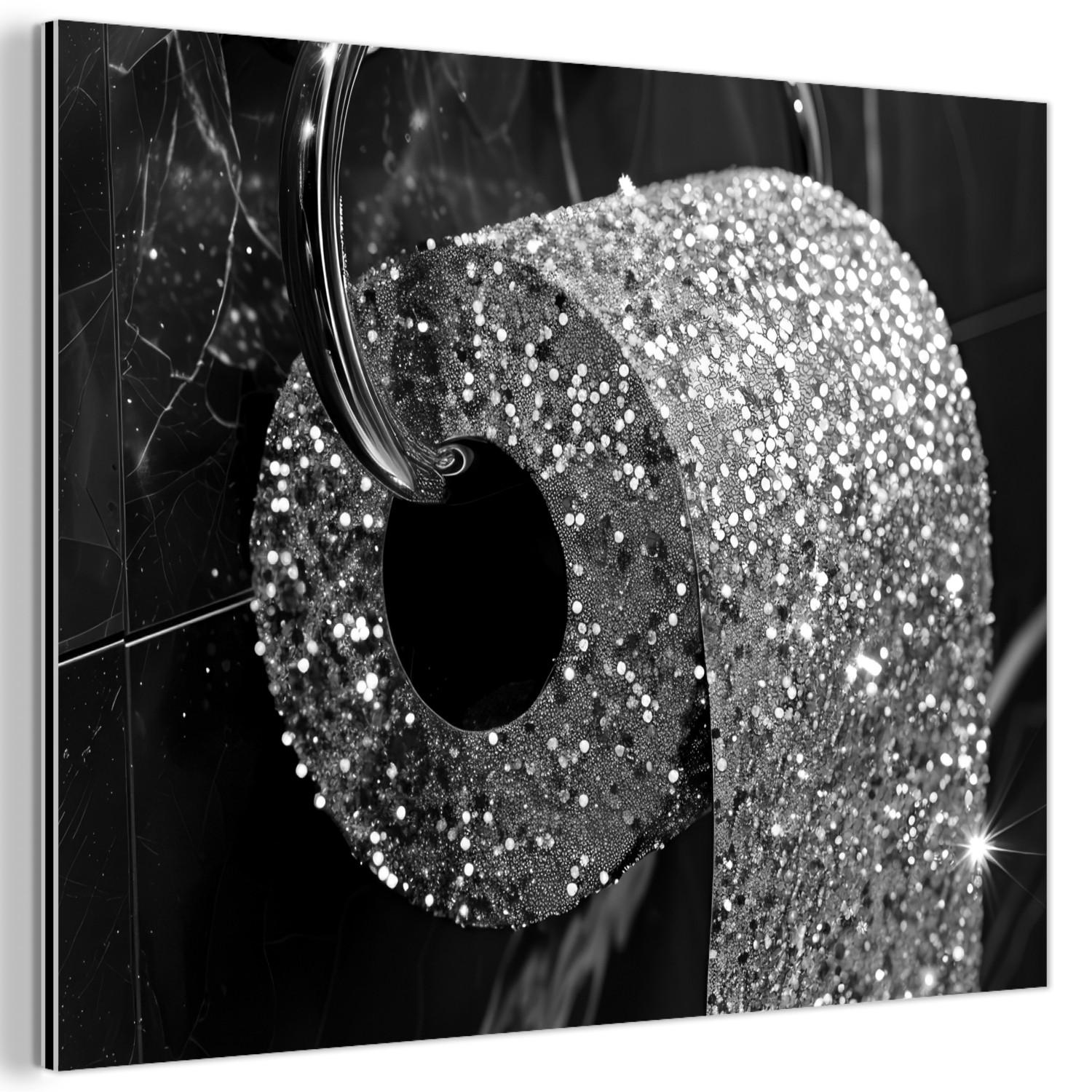 METALLBILD WC - Toilettenpapier - Schwarz und weiß - Glitter 40x30 cm - Silberfarben, Metall (40/30cm) - MuchoWow
