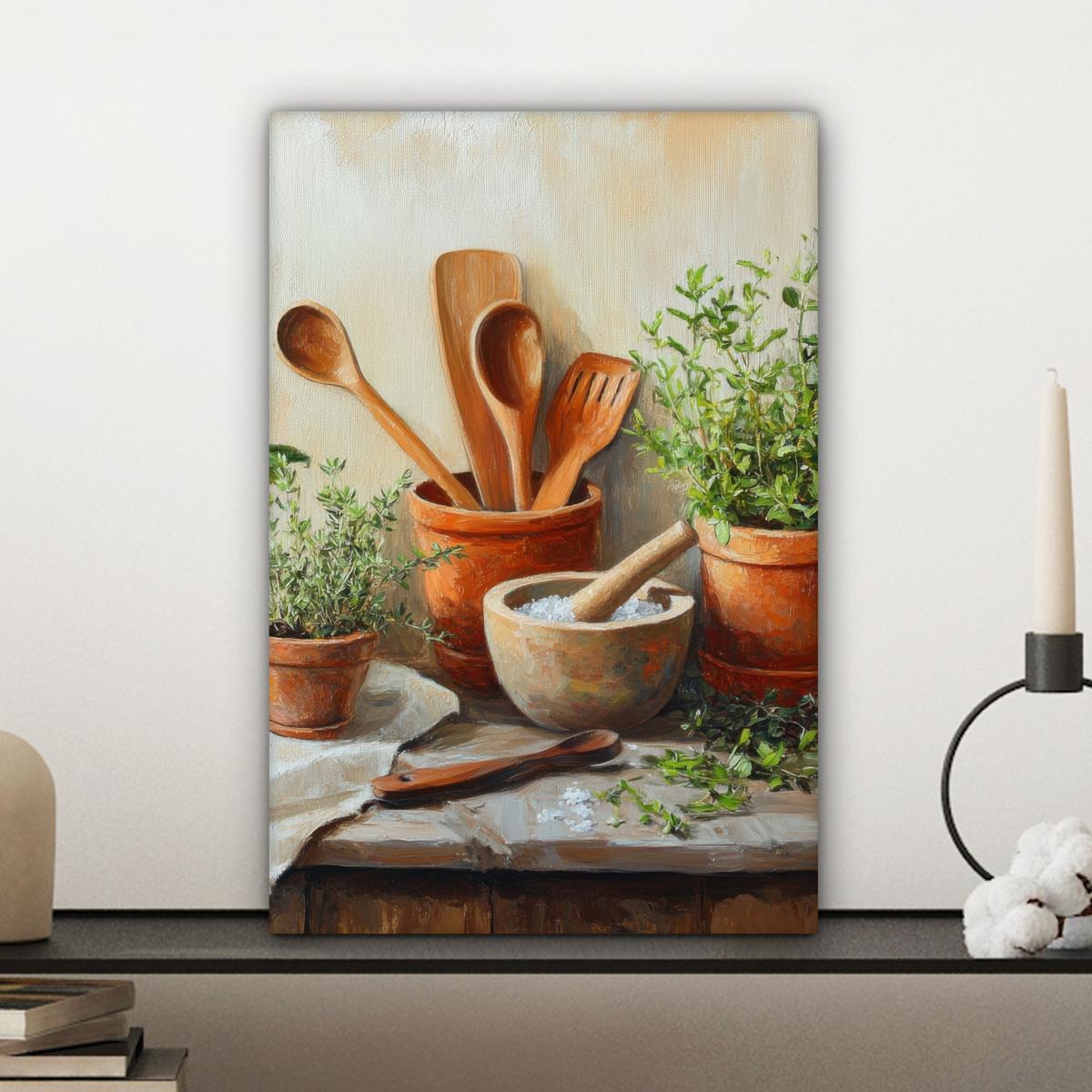 LEINWANDBILD Töpfe - Kräuter - Holz Deko Wohnzimmer 20x30 cm - Terracotta, Textil (20/30cm) - MuchoWow