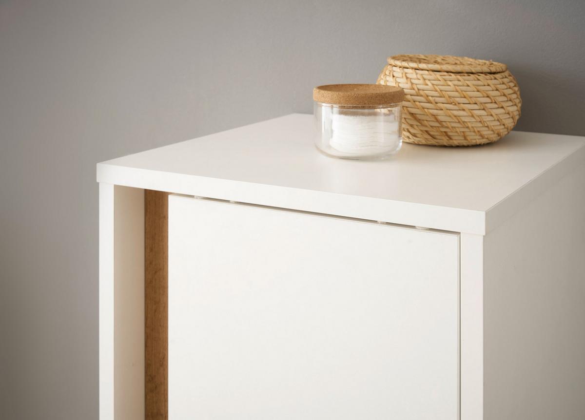 BAD-HOCHSCHRANK weiß, Wotan Eiche, Badschrank 34 x 200 cm - Eiche Wotan/Silberfarben, Holz/Holzwerkstoff (34/200/34cm) - Furn.Design