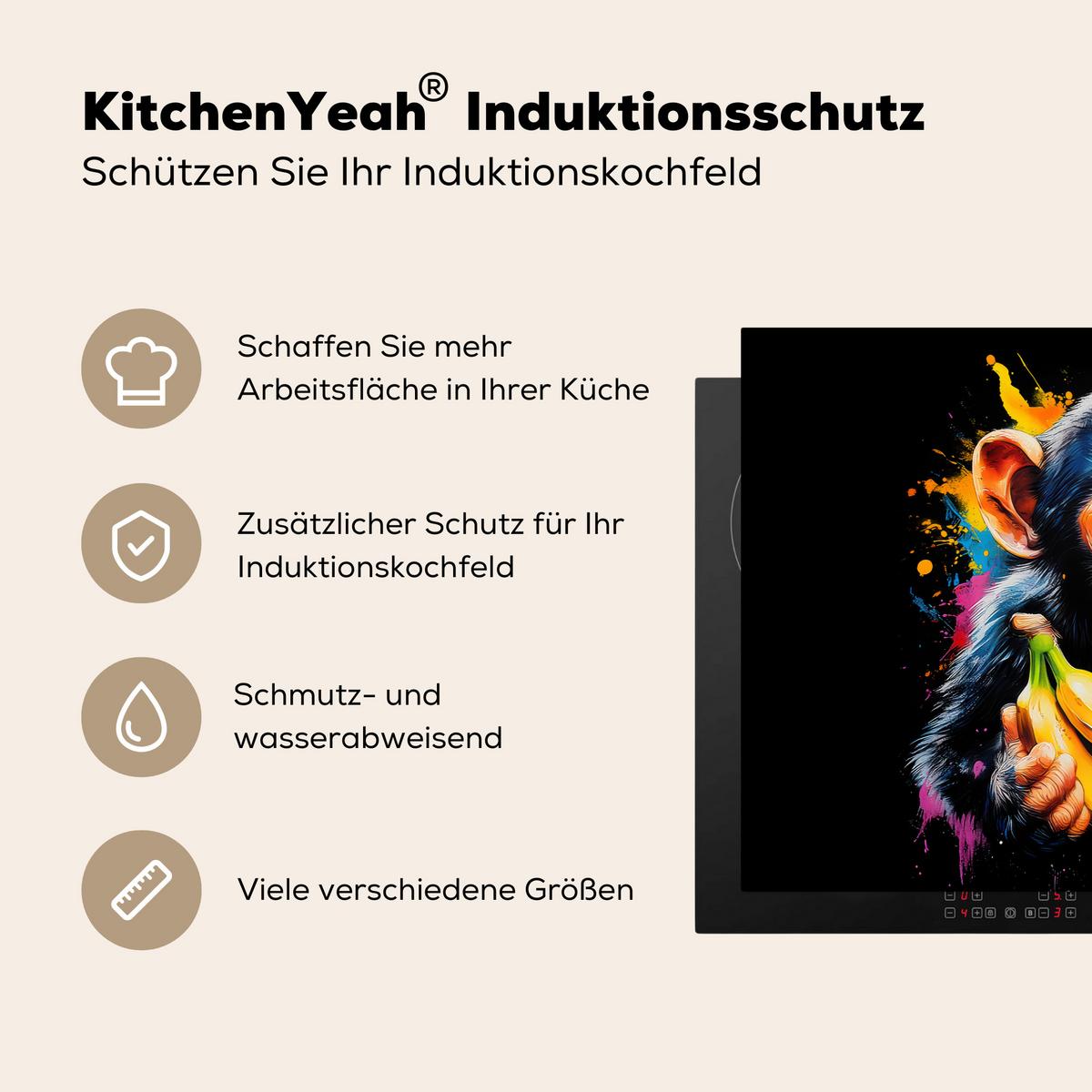 HERDABDECKPLATTE Affe - Graffiti - Farbenfroh - Bananen - Modern Induktionsschutz 80x52.2 cm - Gelb, Kunststoff (80.2/52.2/0.2cm) - MuchoWow