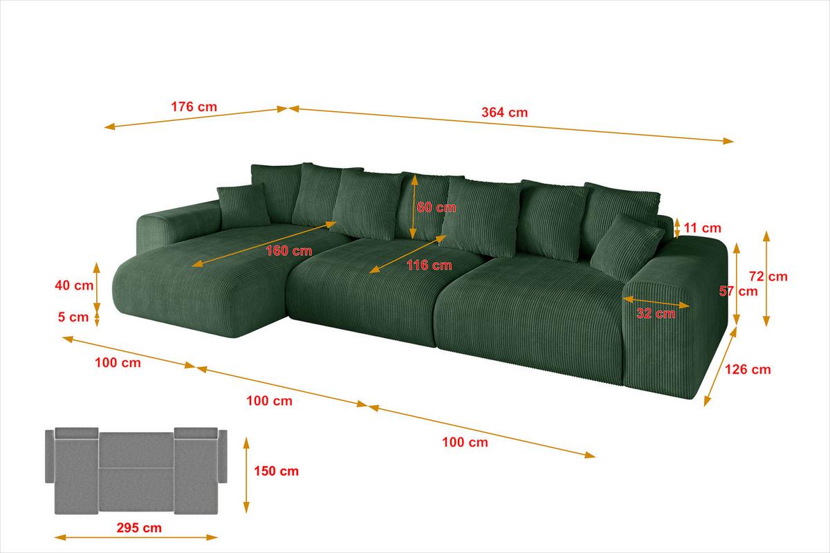 ECKSOFA Ottomane links ESKAR-L2 364x176x72 Grün Cord - Schwarz/Grün, Holzwerkstoff/Kunststoff (364/176cm) - ALTDECOR