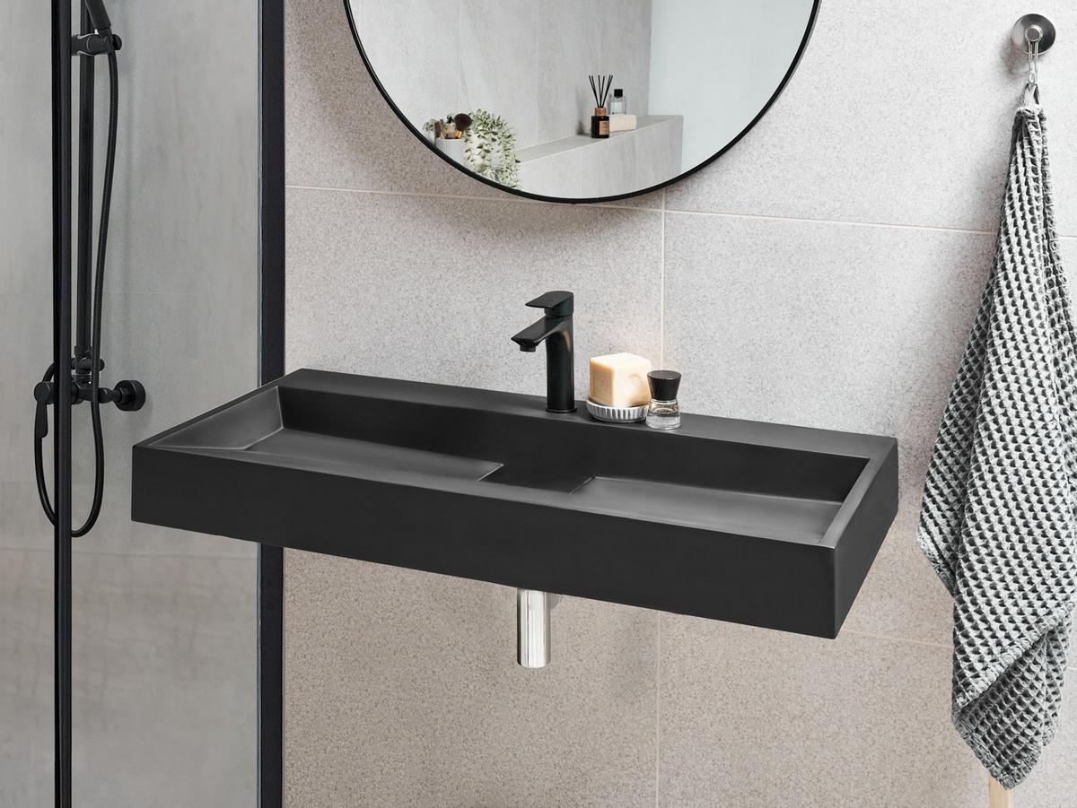 HÄNGEWASCHBECKEN Schwarz 100/46 cm Mineralguss Quenko - Schwarz, Naturmaterialen (100/12/46cm) - Beliani