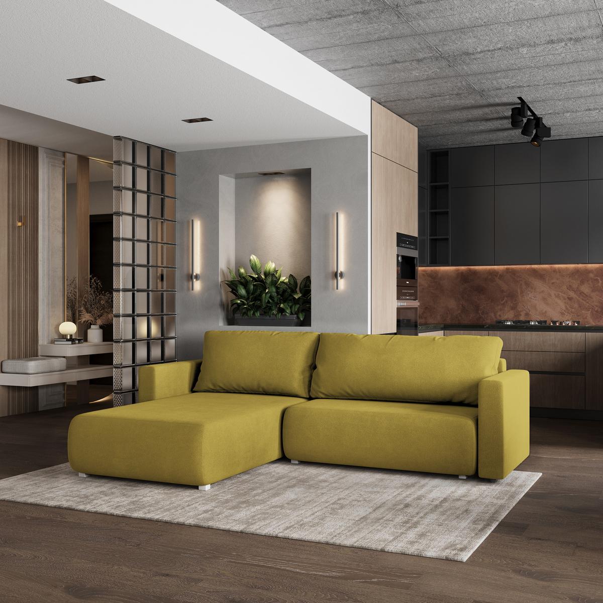 ECKSOFA TURIN Gelb Geflochtener Stoff mit Schlaffunktion - Gelb, Holz (265/183cm) - MASSENO
