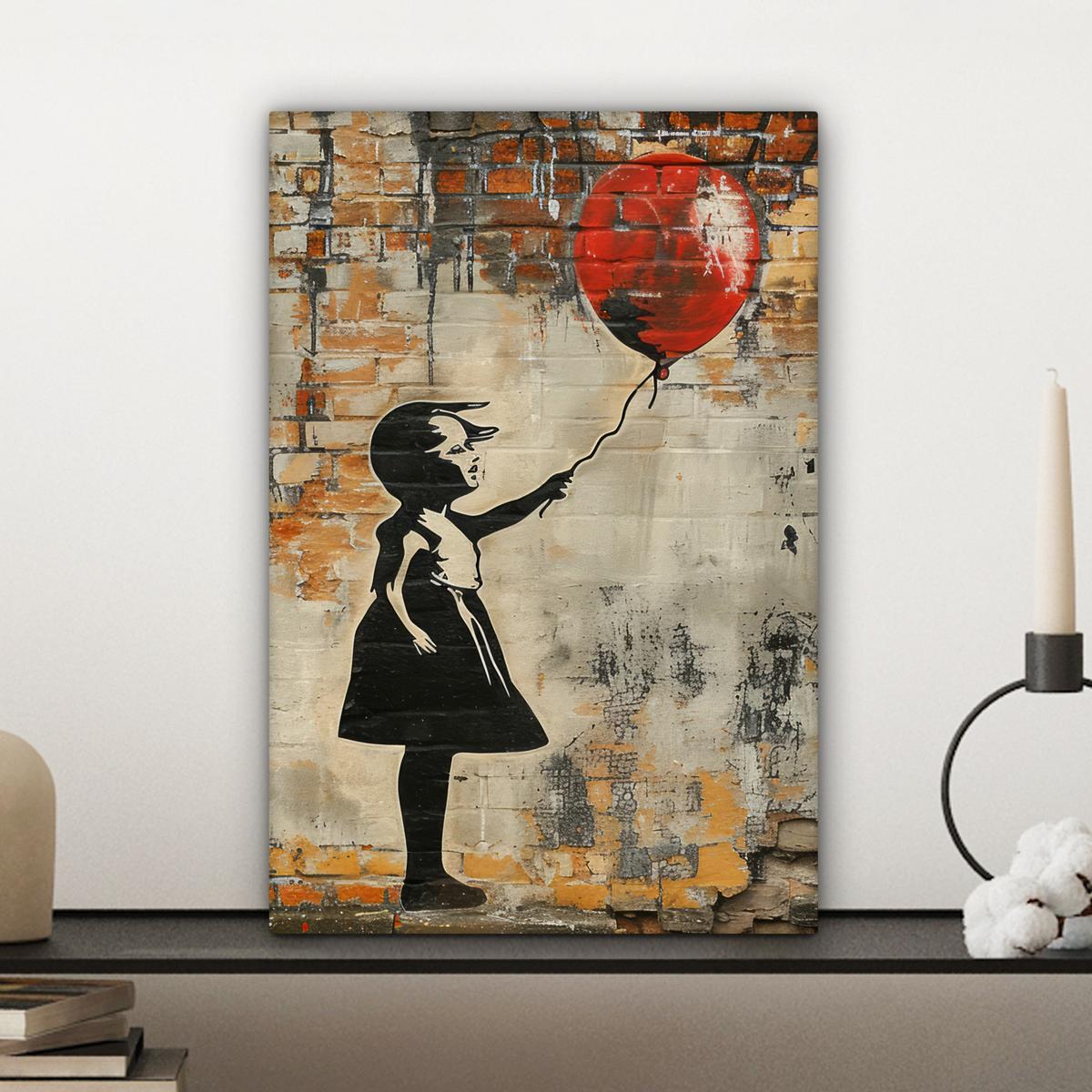 LEINWANDBILD Graffiti - Banksy - Mädchen - Straßenkunst Deko Wohnzimmer 20x30 cm - Sandfarben, Textil (20/30cm) - MuchoWow
