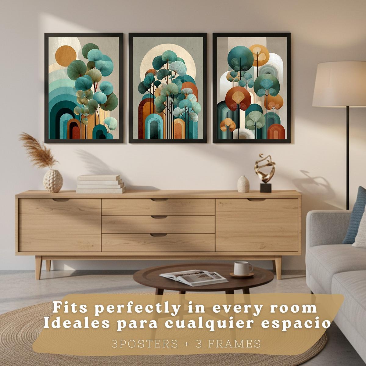 POSTER 3er Kunstdruck-Set Wandbilder Floral Abstrakt Blau Türkis modern Wohnzimmer Deko, Schlafzimmer, Küche, Badezimmer Schwarzer Rahmen A4 - Schwarz, Papier (29.7/1/21cm) - Nacnic