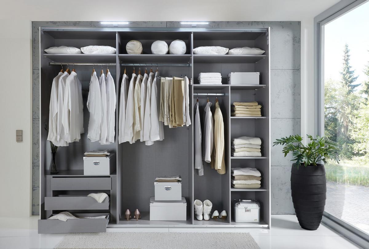 SCHWEBETÜRENSCHRANK 3-türig B300/H216/T65 cm in Weiß, eine Spiegeltür, Kleiderschrank inkl. Vollausstattung / 22019 - Rot/Weiß, Holzwerkstoff/Metall (300/216/65cm) - luma-home