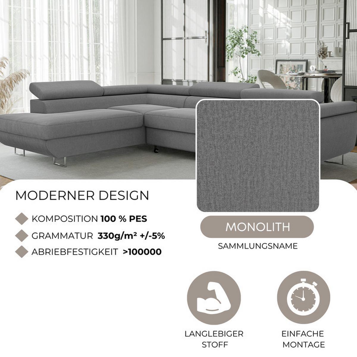 ECKSOFA ANTON links, mit Schlaffunktion und Bettkasten Dunkelgrau - Chromfarben/Dunkelgrau, Textil/Metall (274/203cm) - Idohome
