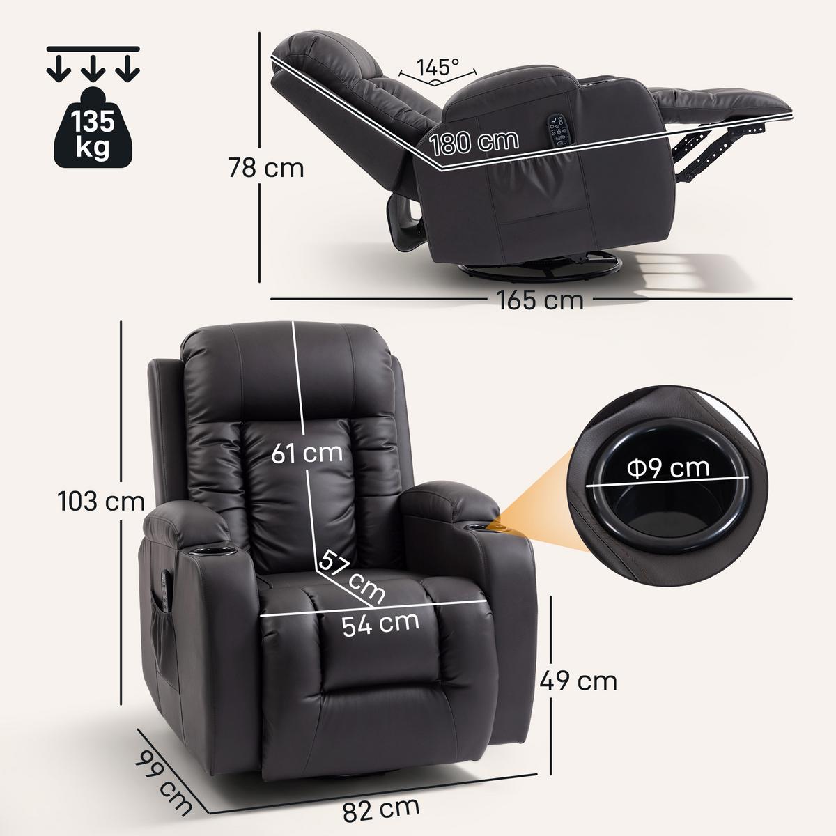 RELAXSESSEL elektrisch verstellbar Massagesessel mit Liegefunktion, Heizung - Dunkelbraun/Hellgrau, Textil (82/103/99cm) - HOMCOM