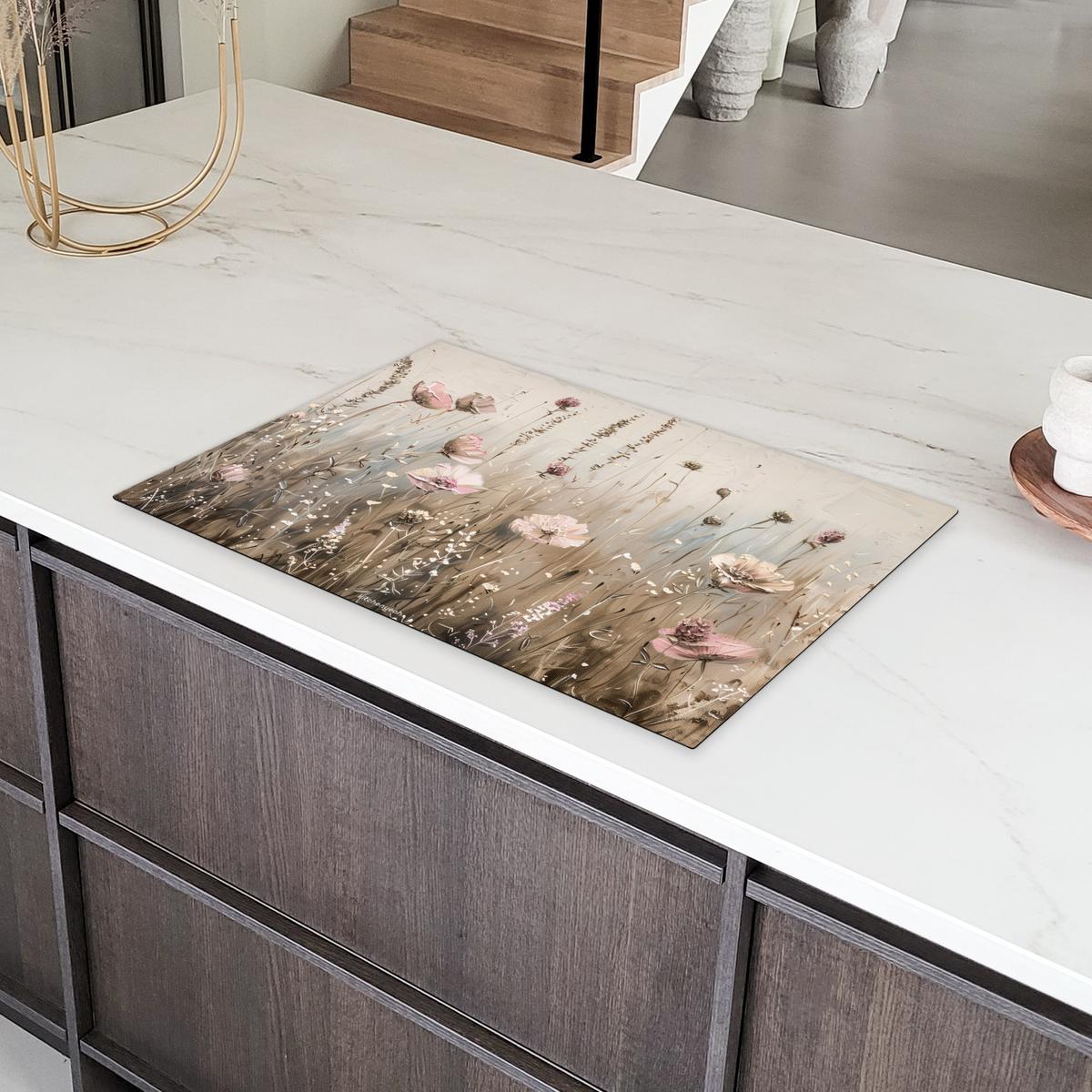 HERDABDECKPLATTE Blumen - Beige - Trockenblumen Induktionsschutz 80x52.2 cm - Beige, Kunststoff (80.2/52.2/0.2cm) - MuchoWow