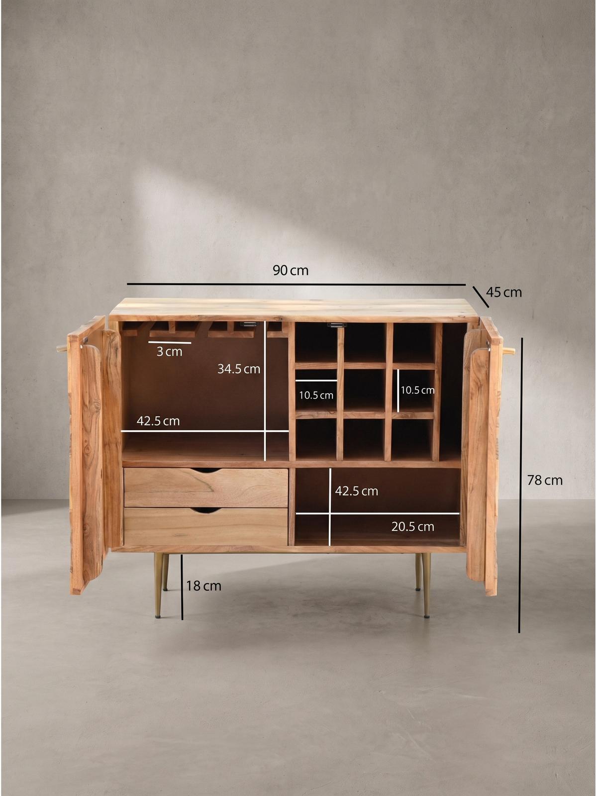 HAUSBAR MERTOLA, Akazie Massivholz, mit Holzstruktur, 90 x 45 x 78 cm - Goldfarben/Akaziefarben, Holz/Metall (90/78/45cm) - KADIMA DESIGN