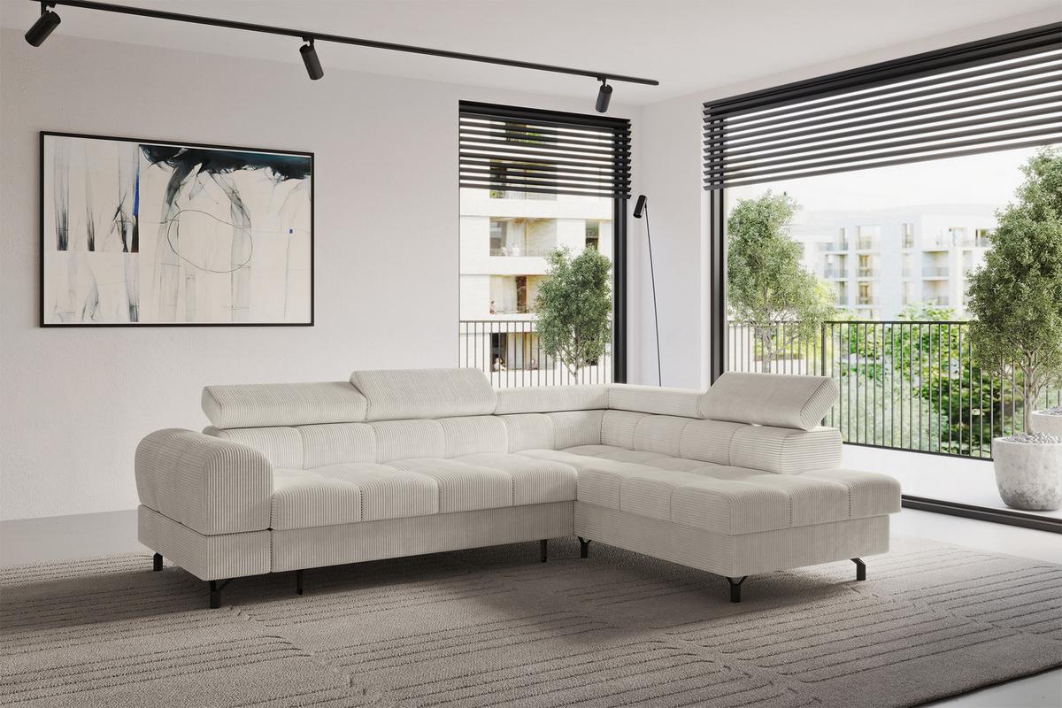 ECKSOFA mit Schlaffunktion Ottomane Rechts LUMA-L 272x203x70 Creme Cord - Creme/Schwarz, Holzwerkstoff/Kunststoff (203/272cm) - ALTDECOR