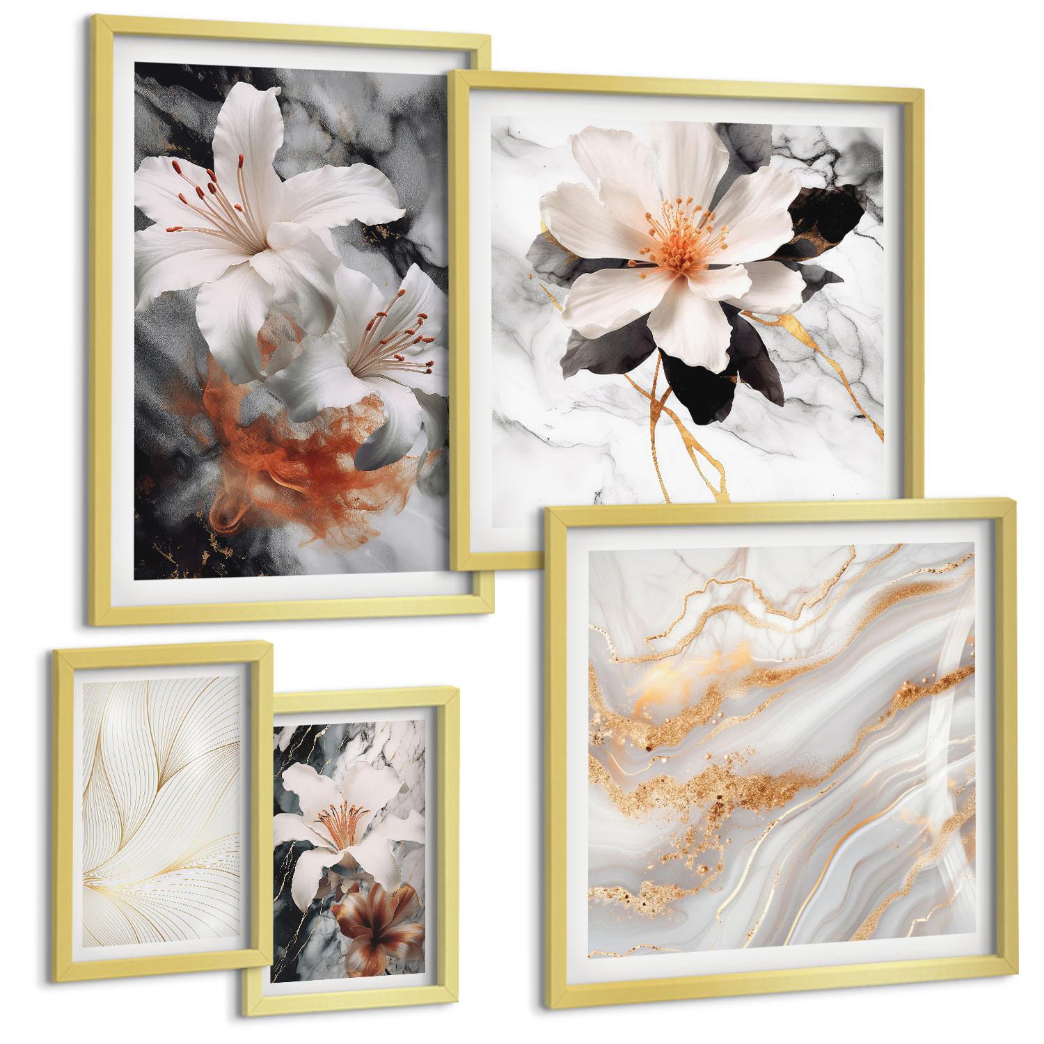 BILDER SET 5er Set - 50x50 cm & 20x30 cm & 40x60 cm Goldrahmen - Blumen Marmor weiß schwarz - Goldfarben, Kunststoff (40/60cm) - TULUP