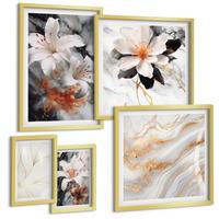 BILDER SET 5er Set - 50x50 cm & 20x30 cm & 40x60 cm Goldrahmen - Blumen Marmor weiß schwarz - Goldfarben, Kunststoff (40/60cm) - TULUP