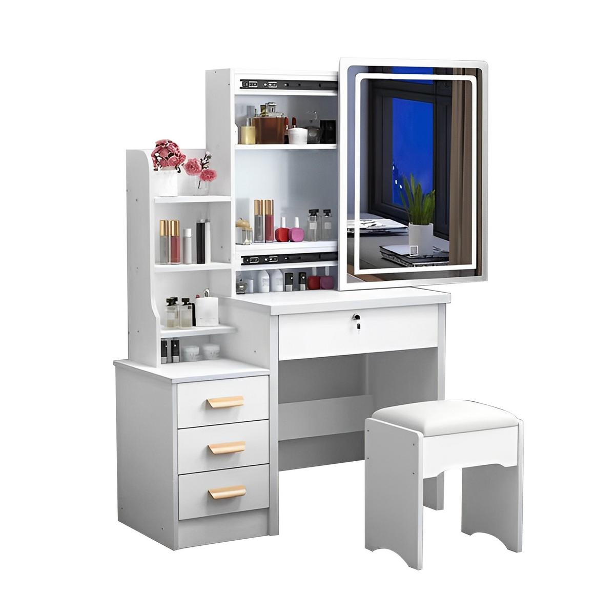 SCHMINKTISCH-SET 85 cm in Weiß mit LED-Spiegel, Hocker & verspiegelten Schiebetüren - Weiß, Holzwerkstoff (85/130/36cm) - Urban Meuble