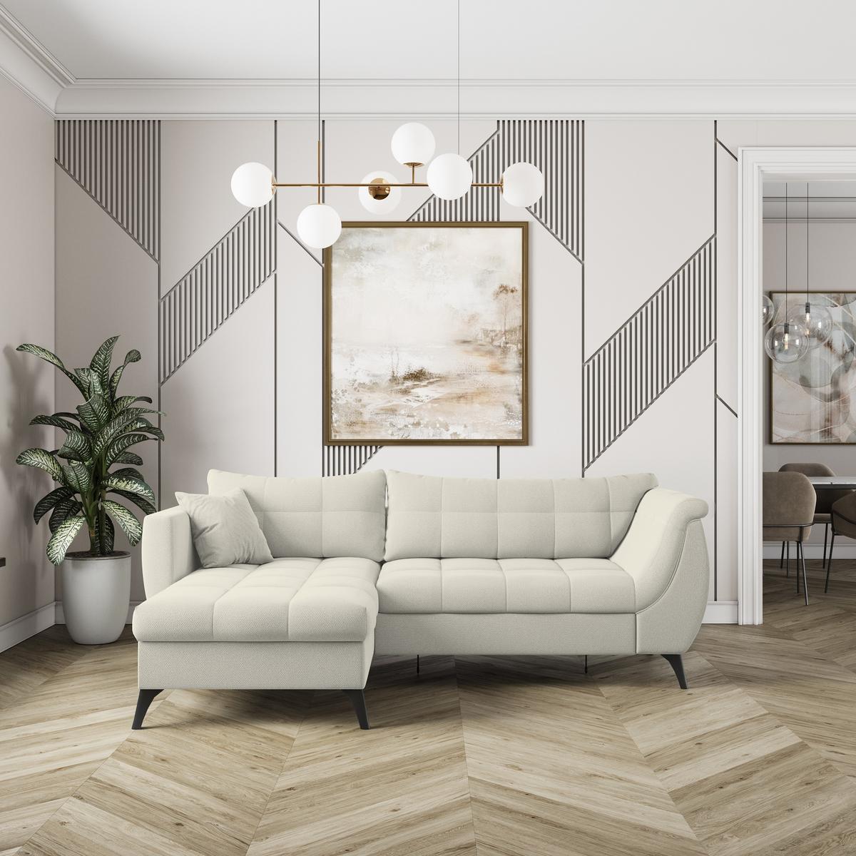 ECKSOFA MOLLIS Creme Geflochtener-Stoff mit Schlaffunktion - Creme, Holz (241/154cm) - MASSENO