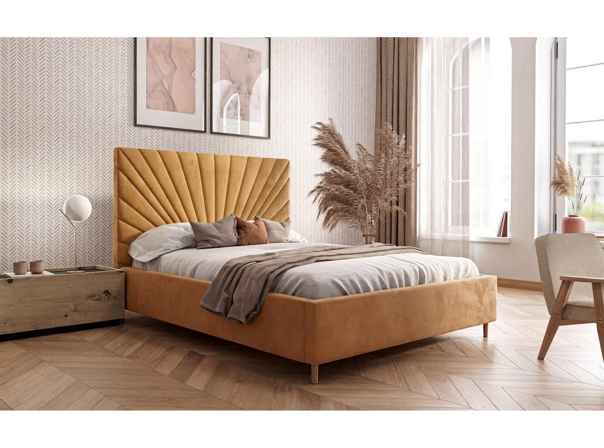 POLSTERBETT SUNNY 140x200 cm Magic Velvet 2215, 34 Holzlatten, Kopfteil 131 cm - Gelb, Textil (140/200cm) - Lookway