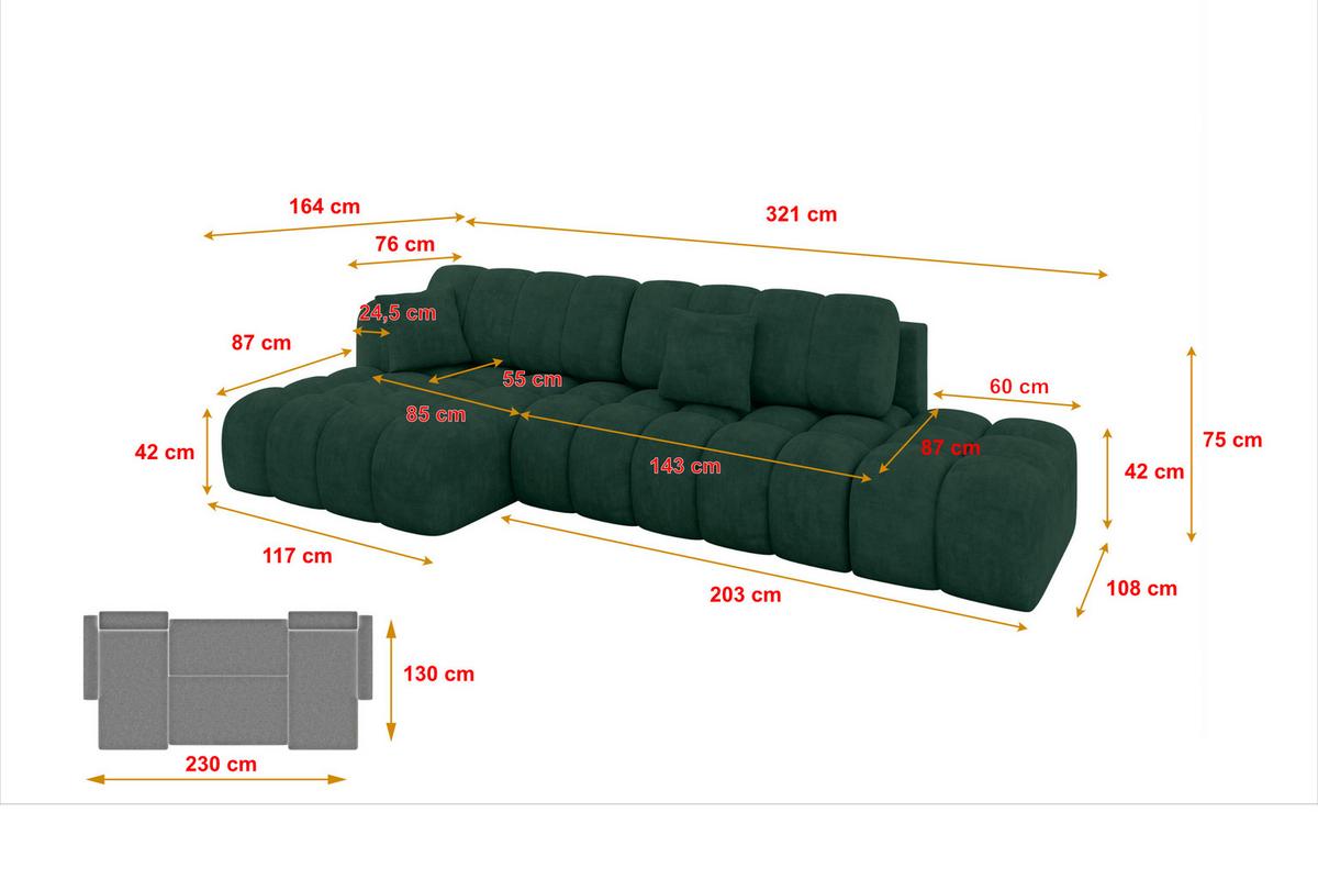 ECKSOFA mit Schlaffunktion Ottomane Links OLEA-L2 321x164x75 Grün Velours - Schwarz/Hellgrün, Holzwerkstoff/Kunststoff (321/164cm) - ALTDECOR