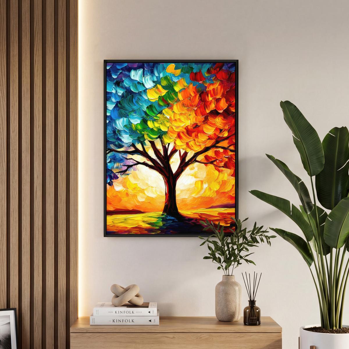 LEINWAND Bilder mit Rahmen - Baum - Kunst - Natur - Sonnenuntergang - 50x70 - Multicolor, Textil (50/70cm) - MuchoWow