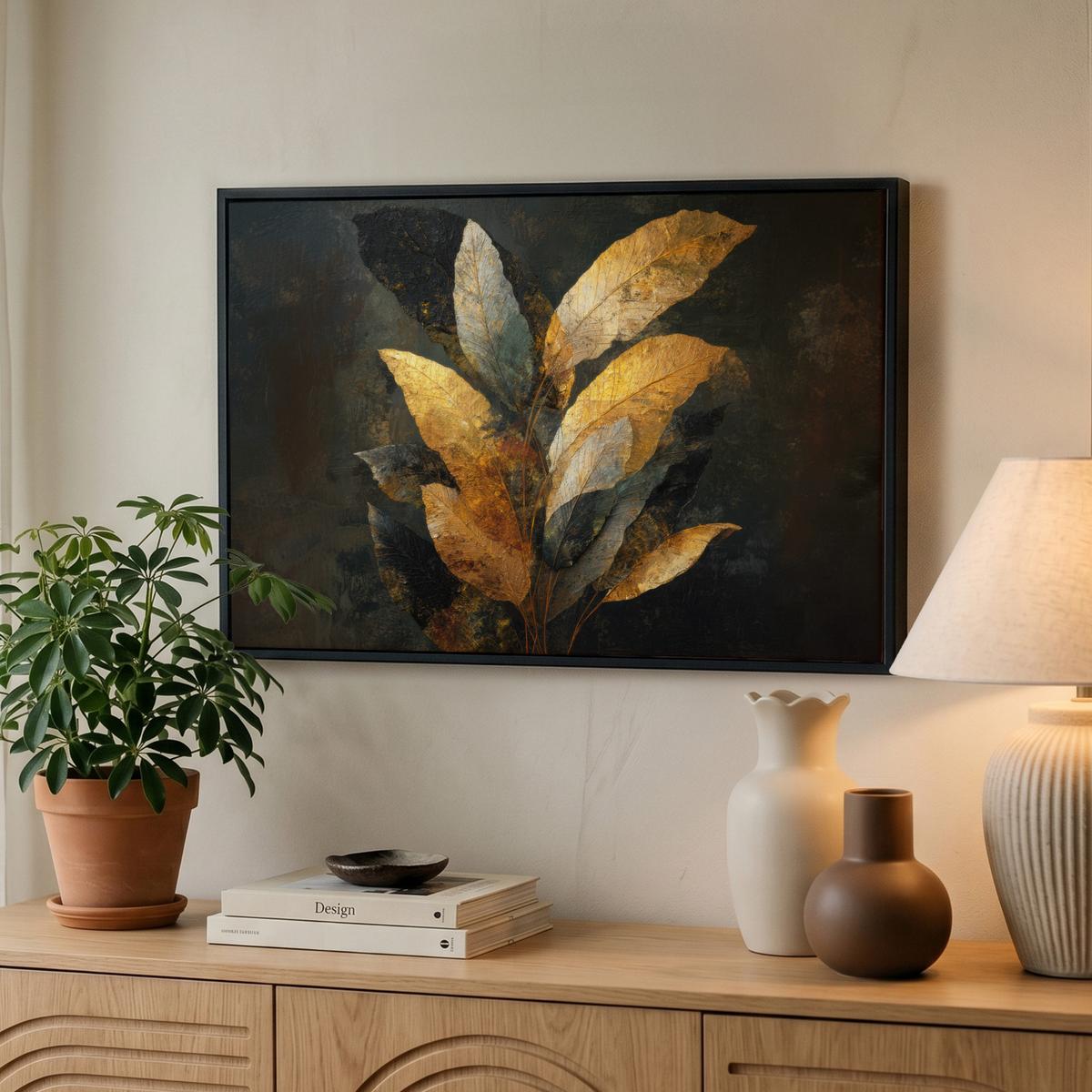 LEINWAND Bilder mit Rahmen - Golden Leaf Komposition - Botanical Luxury - 60x40 - Goldfarben, Textil (60/40cm) - MuchoWow