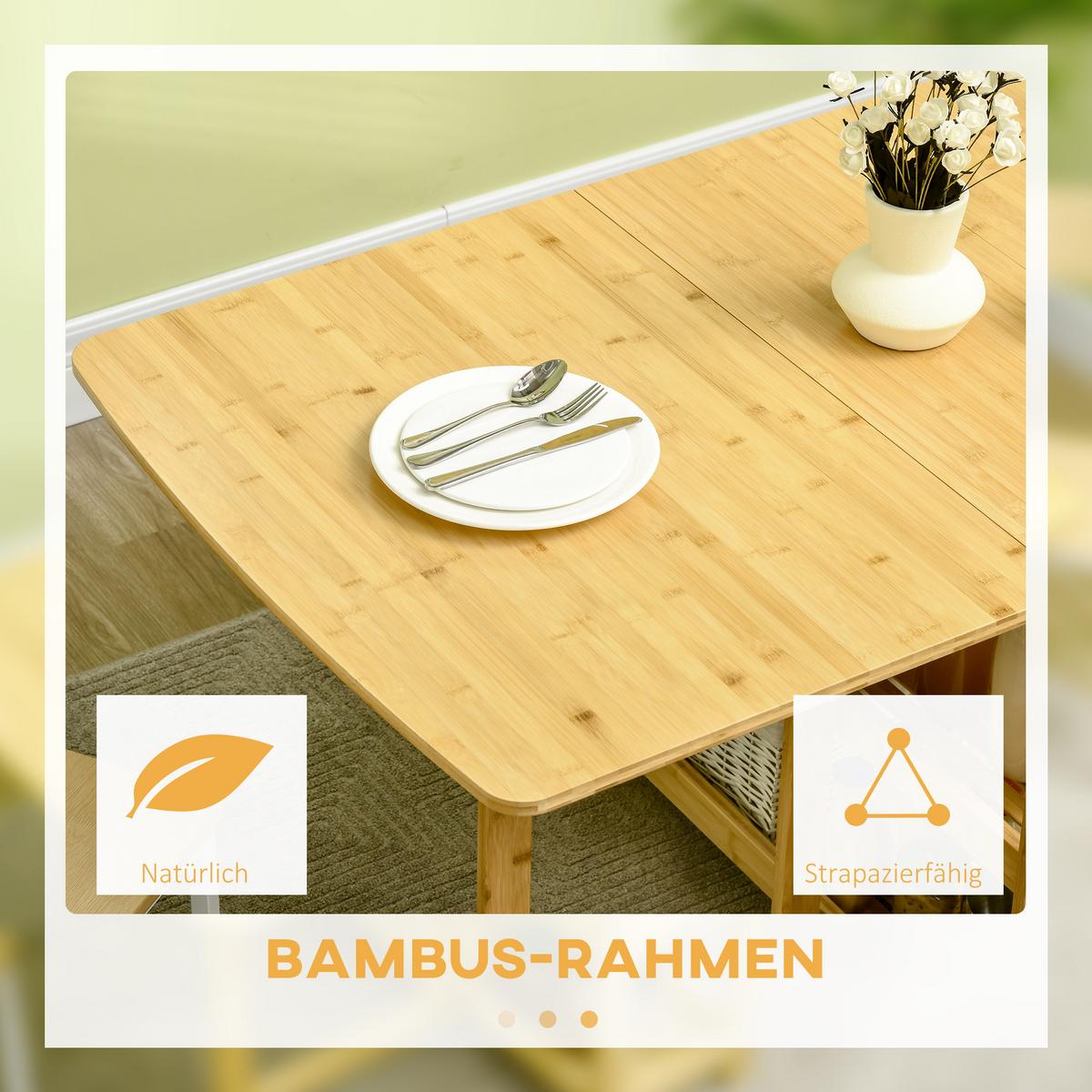 ESSTISCH Klapptisch Küchentisch mit Ablagefächer Esszimmertisch Naturholz - Naturfarben, Naturmaterialien/Bambusholz (149.5/80/73.5cm) - HOMCOM