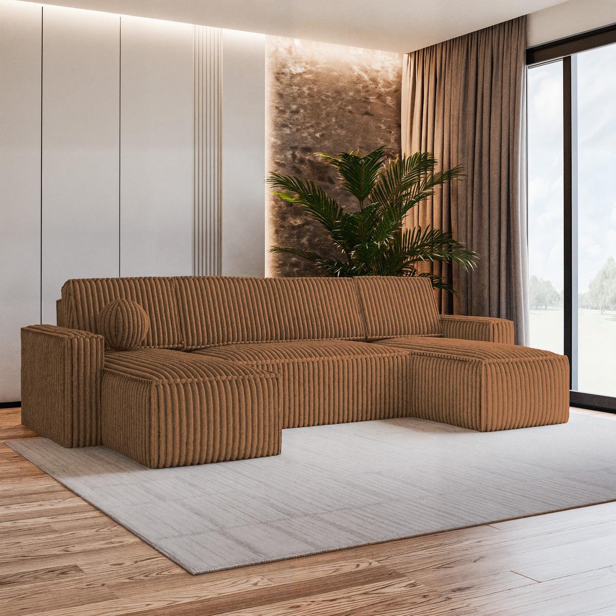 WOHNLANDSCHAFT PESANO T Kupferfarben Kordstoff mit Schlaffunktion - Grau/Kupferfarben, Holz/Kunststoff (306/85/140cm) - MASSENO