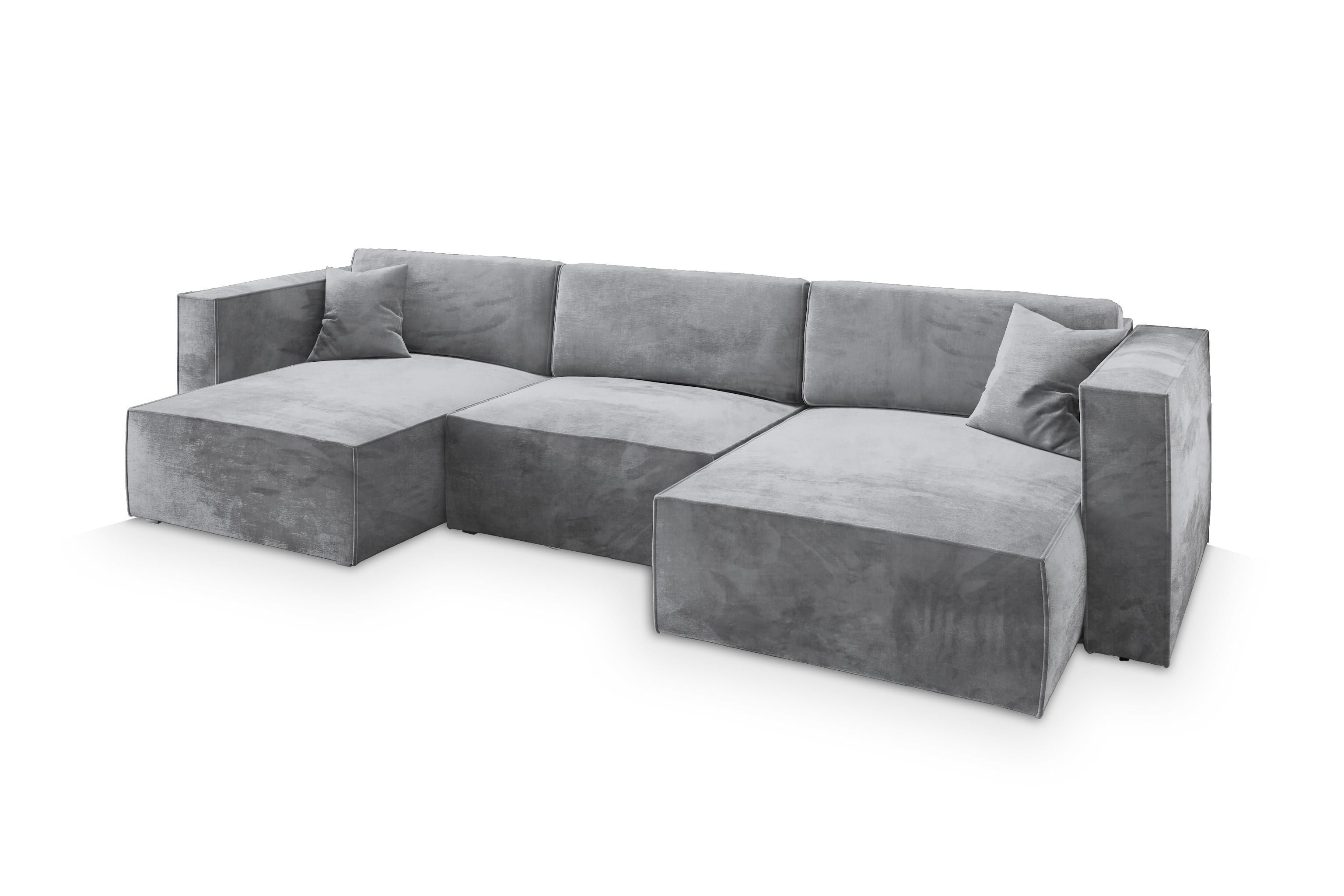 WOHNLANDSCHAFT SARMO M Hellgrau Velours-Stoff mit Schlaffunktion - Hellgrau/Grau, Holz/Kunststoff (347/70/148cm) - MASSENO