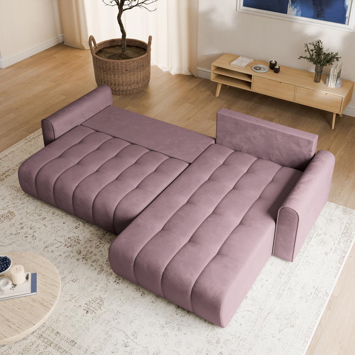ECKSOFA FRIGA Lila Velours-Stoff mit Schlaffunktion - Lila, Holz (283/185cm) - MASSENO