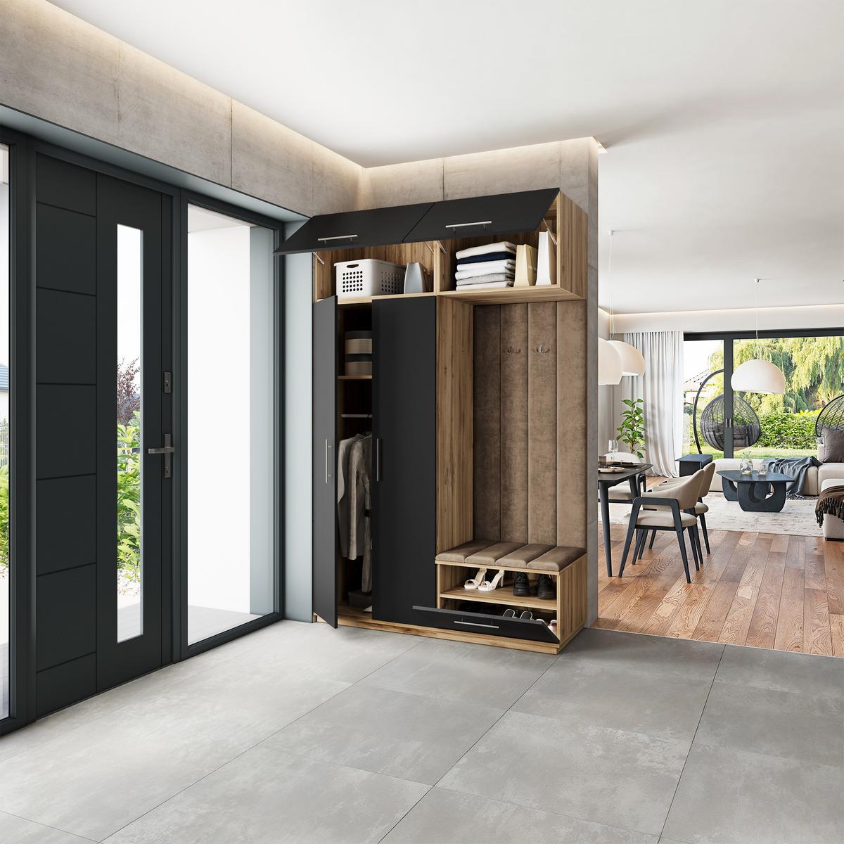 GARDEROBENSCHRANK REMA 150/240/60 cm Modern Garderobe-Set Eiche Wotan - Eiche Wotan/Schwarz, Holzwerkstoff (150/240/60cm) - MASSENO